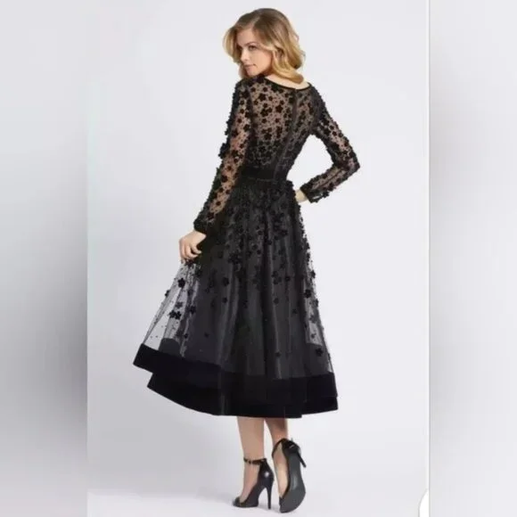 Mac Duggal Embelished Illusion 3D Floral Mesh/Velvet Black Dress Size 8 - Picture 1 of 4